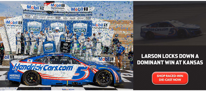 2025 Kyle Larson #5 HendrickCars.com - Kansas Win / Raced Diecast, by Action Lionel