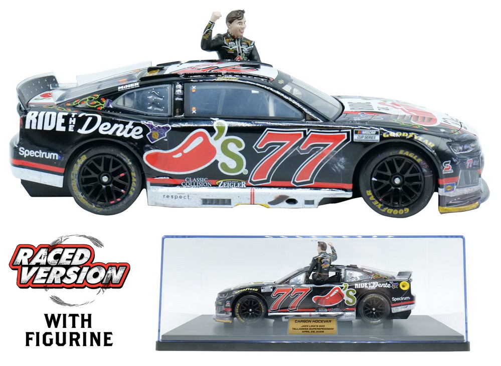 2026 Carson Hocevar #77 Chili's Ride the 'Dente - Talladega Win / Raced 1/24 Diecast w/Figurine